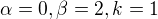 $\alpha = 0, \beta = 2, k= 1$