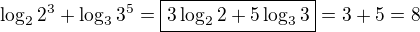 $\log_2{2^3}+\log_3{3^5}=\boxed{3\log_2{2}+5\log_3{3}}=3+5=8$