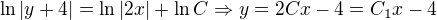 $\ln |y+4|=\ln |2x|+\ln C\Rightarrow y = 2Cx -4 = C_1x-4$