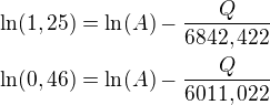 $\ln(1,25)=\ln(A)-\frac{Q}{6842,422}\\\ln(0,46)=\ln(A)-\frac{Q}{6011,022}$