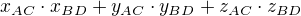 $x_{AC}\cdot x_{BD}+y_{AC}\cdot y_{BD}+z_{AC}\cdot z_{BD}$