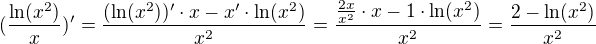 $(\frac{\ln(x^2)}{x})^{\prime}=\frac{(\ln(x^2))^{\prime}\cdot x-{x}^{\prime}\cdot {\ln (x^2)}}{x^2}=\frac{\frac{2x}{x^2}\cdot x-{1}\cdot {\ln (x^2)}}{x^2}=\frac{2- \ln (x^2)}{x^2}$