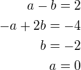 $a-b=2\\-a+2b=-4\\b=-2\\a=0$