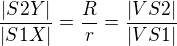 $\frac{|S2Y|}{|S1X|}=\frac{R}{r}=\frac{|VS2|}{|VS1|}$