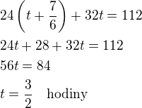 $24\left(t+\frac 76\right)+32t=112\nl24t+28+32t=112\nl56t=84\nlt=\frac 32\quad\rm{hodiny}$