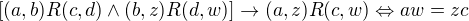 $[(a,b)R(c,d) \wedge (b,z)R(d,w)] \rightarrow (a,z)R(c,w) \Leftrightarrow aw = zc$
