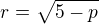$r= \sqrt{5-p}$