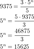 $9375=\frac{3\cdot 5^n}{5}\nl5^n=\frac{5\cdot 9375}{3}\nl5^n=\frac{46875}{3}\nl5^n=15625$
