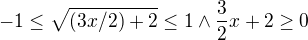 $-1\le \sqrt{(3x/2)+2}\le 1\wedge \frac{3}{2}x+2\ge 0$