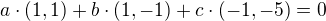 $a\cdot(1,1)+b\cdot(1,-1)+c\cdot(-1,-5)=0$