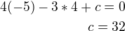 $4(-5)-3*4+c=0\\c=32$