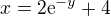 $x=2\textrm{e}^{-y}+4$
