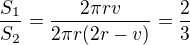 $\frac{S_1}{S_2}=\frac{2\pi rv}{2\pi r(2r-v)}=\frac23$