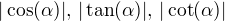 $|\cos(\alpha)|,\,|\tan(\alpha)|,\,|\cot(\alpha)|$
