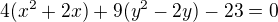 $4(x^{2}+2x)+9(y^{2}-2y)-23=0$