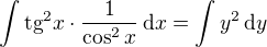 $\int \text{tg}^2 x \cdot \frac {1}{\cos^2 x}\, \text{d} x = \int y^2\, \text{d} y$