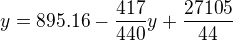 $y= 895.16 - \frac{417}{440}y + \frac{27105}{44}$