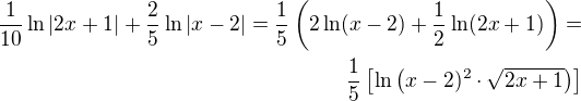 $\frac{1}{10}\ln |2x+1|+\frac{2}{5}\ln |x-2|=\frac 15\left(2\ln(x-2)+\frac 12\ln(2x+1)\right)=\\\frac 15\left[\ln\left(x-2)^2\cdot\sqrt{2x+1}\right)\right]$