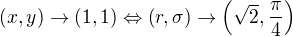 $\(x,y\)\to\(1,1\)\Leftrightarrow \(r,\sigma\)\to \(\sqrt{2},\frac{\pi }{4}\)$