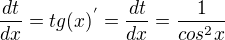 kopírovat do textarea $\frac{dt}{dx}=tg(x)^{'} = \frac{dt}{dx}=\frac{1}{cos^2x}$