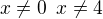 $x\ne 0\enspace x\ne 4$