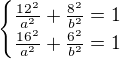 $\begin{cases}\frac{12^2}{a^2}+\frac{8^2}{b^2}=1\\\frac{16^2}{a^2}+\frac{6^2}{b^2}=1\end{cases}$
