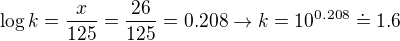 $\log k = \frac{x}{125}=\frac{26}{125}=0.208 \rightarrow k = 10^{0.208}\doteq 1.6$