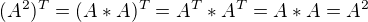 $(A^2)^T=(A * A)^T=A^T * A^T= A * A= A^2$