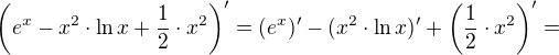 $\left(e^x-x^2\cdot \ln x+\frac{1}{2}\cdot x^2\right)'=(e^x)'-(x^2\cdot \ln x)'+\left(\frac{1}{2}\cdot x^2\right)'=$