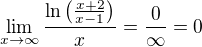 $\lim_{x\to\infty }\frac{\ln \big(\frac{x+2}{x-1}\big)}{x}=\frac{0}{\infty }=0$