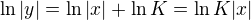 kopírovat do textarea $\ln|y|=\ln|x|+\ln K=\ln K|x|$