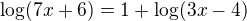 kopírovat do textarea $\log(7x + 6) = 1 + \log(3x - 4)$