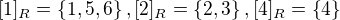 $[1]_{R}=\{1,5,6\},[2]_{R}=\{2,3\},[4]_{R}=\{4\}$