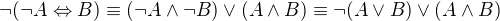 $\neg(\neg A\Leftrightarrow B)\equiv (\neg A\wedge \neg B)\vee(A\wedge B)\equiv\neg(A\vee B)\vee(A\wedge B)$