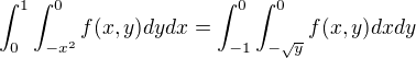 $\int_{0}^{1}\int_{-x^{2}}^{0} f(x,y) dydx = \int_{-1}^{0}\int_{-\sqrt{y}}^{0}f(x,y)dxdy$