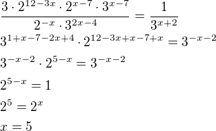 $\frac{3\cdot 2^{12-3x}\cdot 2^{x-7}\cdot 3^{x-7}}{2^{-x}\cdot 3^{2x-4}}=\frac{1}{3^{x+2}}\nl3^{1+x-7-2x+4}\cdot 2^{12-3x+x-7+x}=3^{-x-2}\nl3^{-x-2}\cdot 2^{5-x}=3^{-x-2}\nl2^{5-x}=1\nl2^5=2^x\nlx=5$