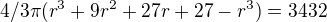 $4/3\pi(r^3+9 r^2+27 r+27-r^3)=3432$