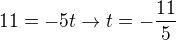 $11=-5t\rightarrow t=-\frac{11}5$