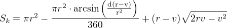 $S_k=\pi r^2-\frac{\pi r^2\cdot\rm{arcsin}\left(\frac{d(r-v)}{r^2}\right)}{360}+(r-v)\sqrt{2rv-v^2}$