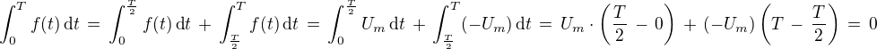 $\int_{0}^{T} f(t)\,\text{d}t \,=\,\int_{0}^{\frac{T}{2}} f(t)\,\text{d}t \,+\,\int_{\frac{T}{2}}^{T} f(t)\,\text{d}t \,= \,\int_{0}^{\frac{T}{2}}U_m \,\text{d}t \,+\,\int_{\frac{T}{2}}^{T} (-U_m )\,\text{d}t\,=\,U_m\cdot\( \frac{T}{2}\,-\,0\) \,+\, (-U_m )\(T\,-\,\frac{T}{2}\)\,=\,0$
