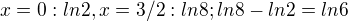 $x=0: ln 2, x=3/2: ln8; ln8-ln2=ln6$