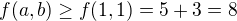 $f(a,b)\geq f(1,1) = 5+3 = 8$