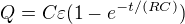 $Q=C\varepsilon (1-e^{-t/(RC)})$
