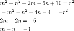 $m^2+n^2+2m-6n+10=r^2\nl-m^2-n^2+4n-4=-r^2\nl2m-2n=-6\nlm-n=-3$