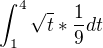 $\int_{1}^{4}\sqrt{t}*\frac{1}{9}dt$