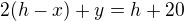 $2(h-x)+y=h+20$