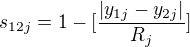 $s_{12j} = 1-[\frac{|y_{1j}-y_{2j}|}{R_j}]$