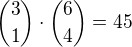 ${3\choose1}\cdot{6\choose4}=45$