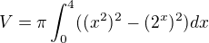 $V=\pi \int_{0}^{4}( (x^2)^2-(2^x)^2 )dx$