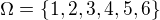 $\Omega =\{1,2,3,4,5,6\}$